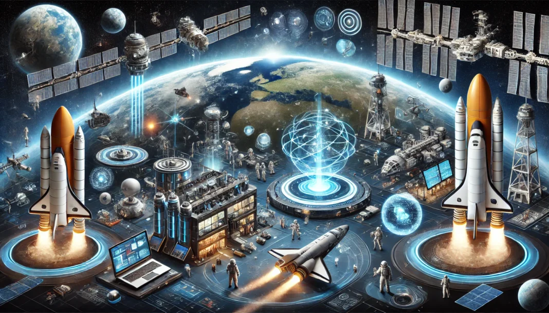 A futuristic depiction of space-based businesses featuring a bustling space station in orbit around Earth.