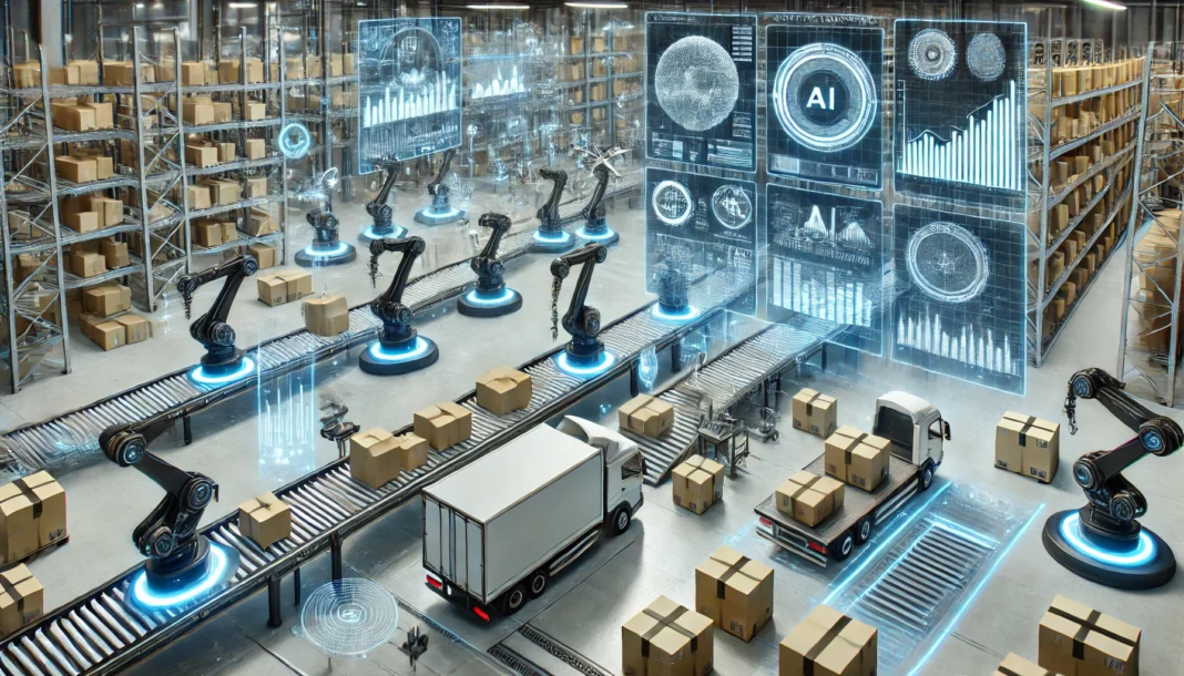 A futuristic, high-tech logistics and supply chain operation powered by AI and machine learning. The scene includes automated robotic arms sorting pac