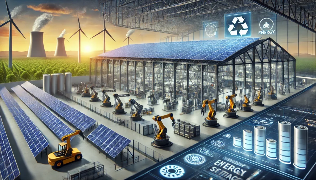 A futuristic industrial facility showcasing advanced energy solutions for industrial applications. The scene features large solar panels on the factor