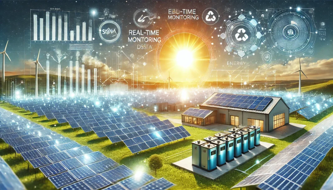 A detailed and vibrant depiction of a solar energy system in operation. The scene features a large field of solar panels glistening under a bright sun