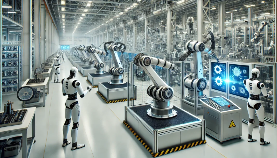 A modern manufacturing floor with advanced robotics at work. Several robotic arms are assembling intricate components on an automated production line,