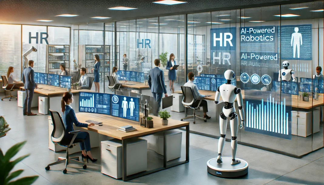 A modern HR office where automation and robotics are transforming human resources management. Robotic assistants are helping with tasks like schedulin