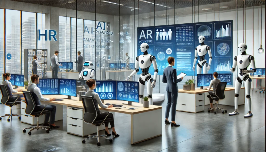 A modern HR office where automation and robotics are transforming human resources management. Robotic assistants are helping with tasks like schedulin