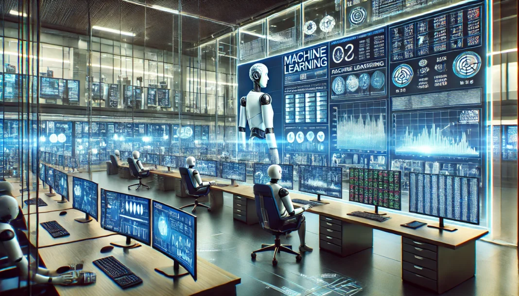 A futuristic financial office where machine learning (ML) is transforming the industry. The scene features a large control room with advanced computer