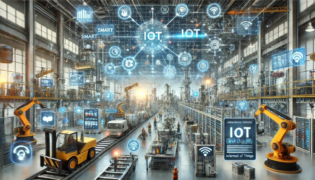 A high-tech Internet of Things (IoT) industrial environment, showcasing interconnected devices and systems. Smart machines, sensors, and automated sys