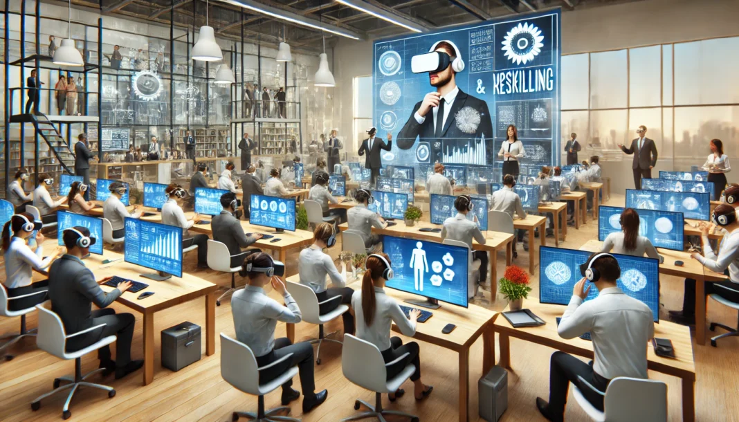 A modern workplace where employees are engaging in upskilling and reskilling programs. The scene shows workers attending virtual or in-person training