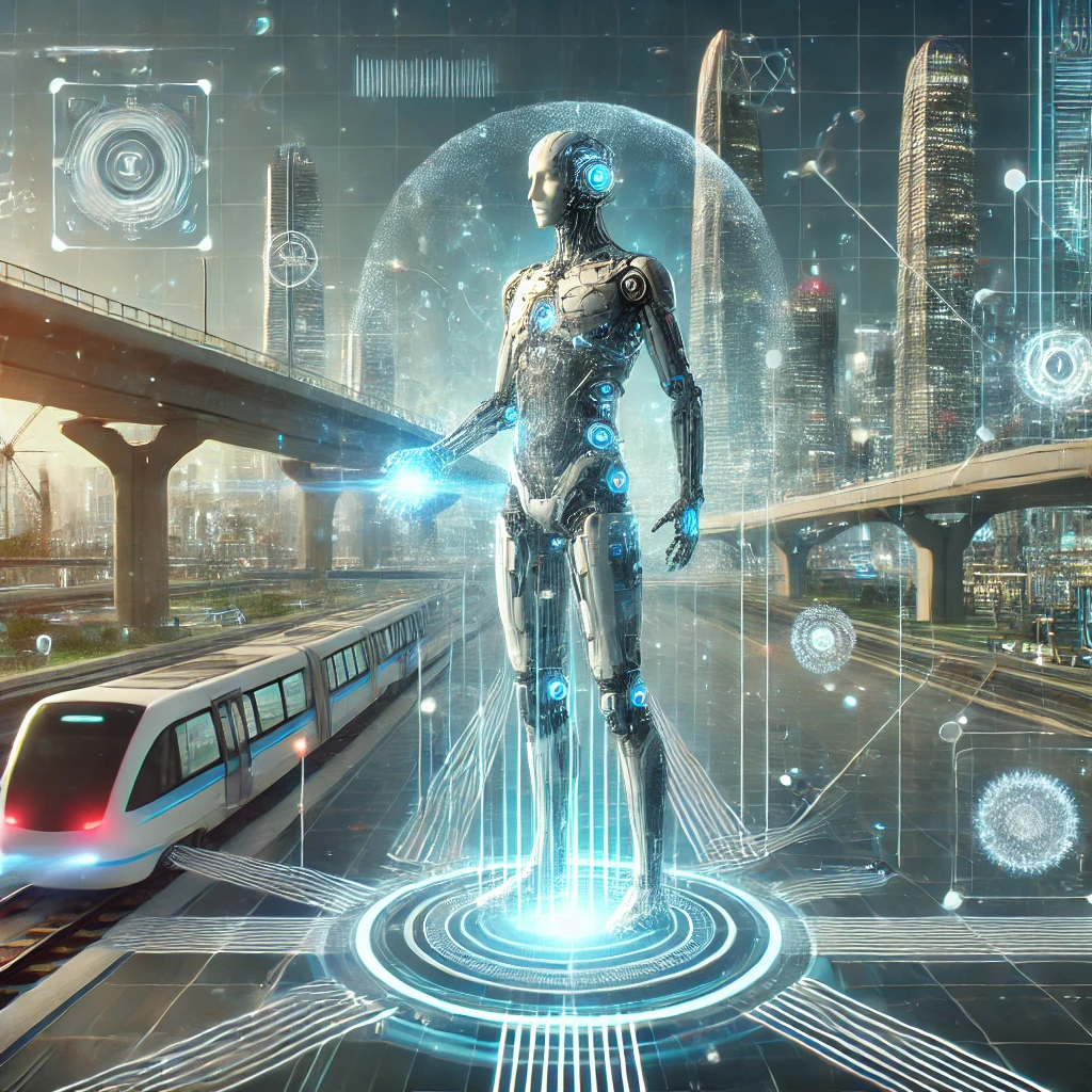 A futuristic scene showcasing human capabilities enhanced through technology. The image features a human figure with cybernetic augmentations, such as